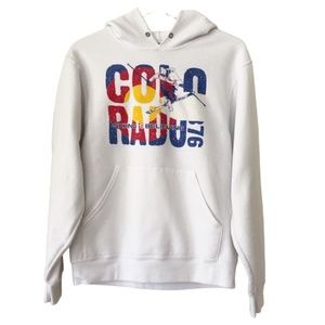 Vintage | 90's Colorado Skiing White Graphic Print Hoodie Sweatshirt Small Retro